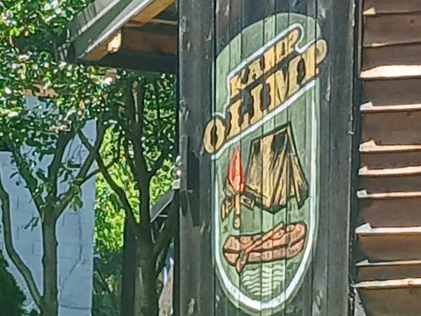 Carved camp sign — Kamp Olimp, Banja Luka